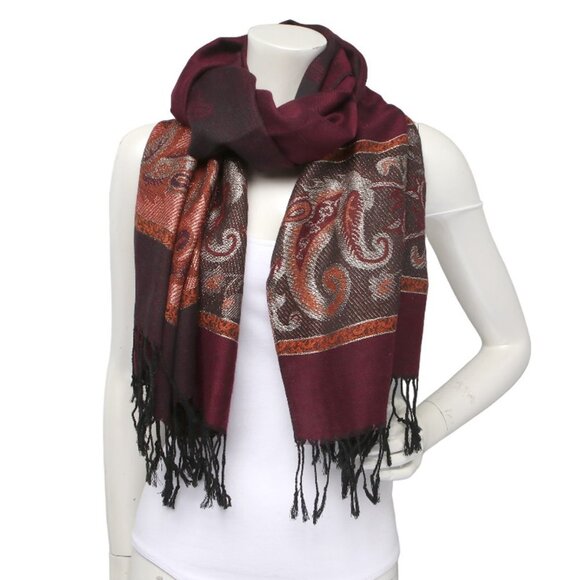 Vintage Paisley Colourblock Scarf Wrap Shawl Tassel Maroon Wine Brown - Picture 4 of 6